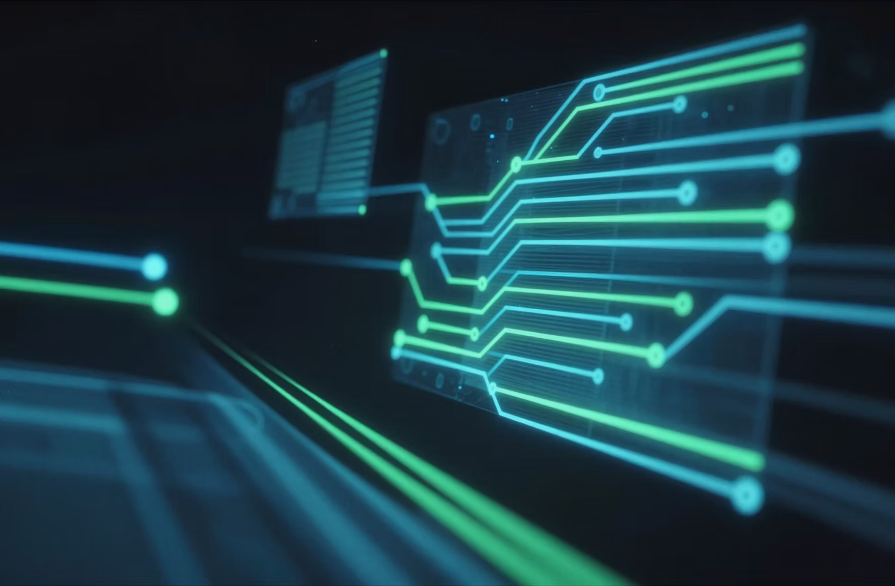Circuit board graphic with green and blue light trails